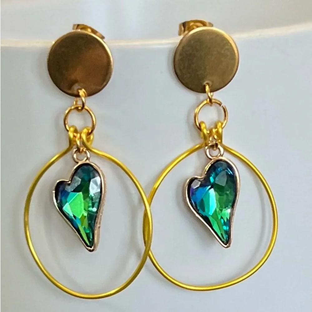 Hand-Shaped Gold Tone Hoops with Green Gemstone Accent - Picture 2 of 2